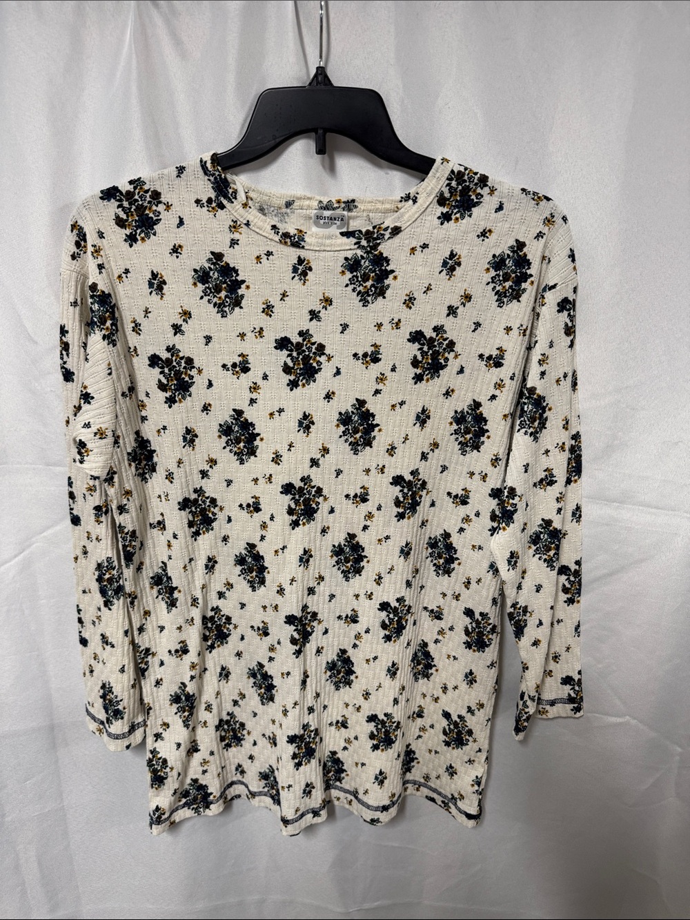 Floral Ribbed Long Sleeve Tee - Cream/Black
